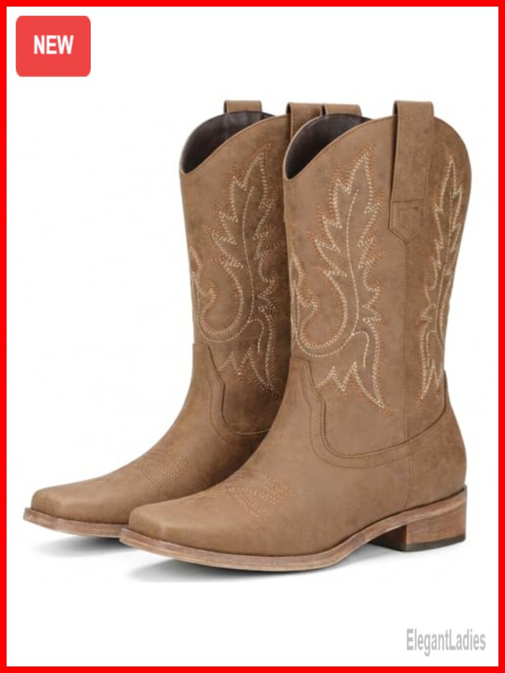 Faux Leather Square Toe Mid Calf Western Cowboy Boots Pull On